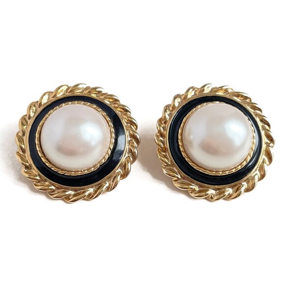 Vintage 80s 90s Statement Gold Tone & White Faux Pearls Clip-On Earrings - Picture 1 of 5